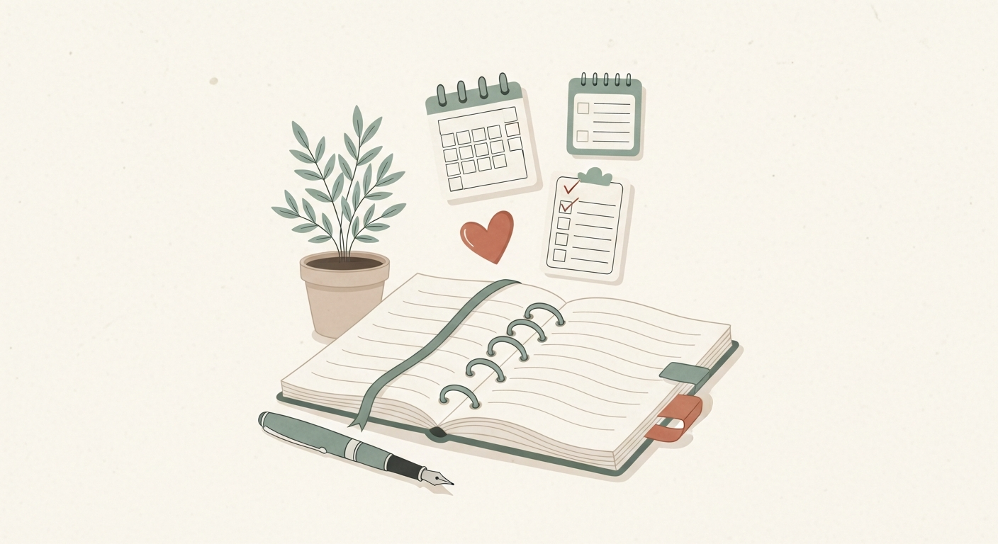 A printed planner page with a fountain pen and a small plant